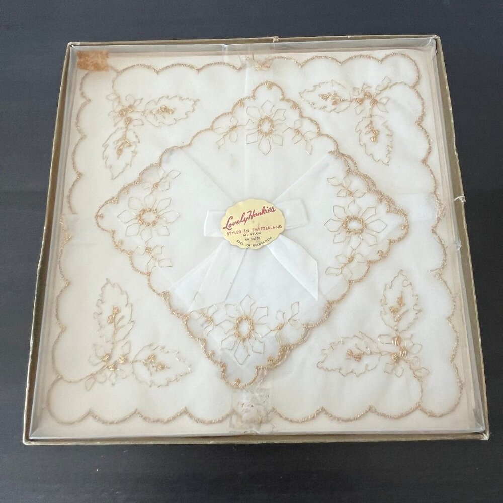 Vintage Sheer Handkerchiefs With Metallic Gold Embroidery // New In Original Box